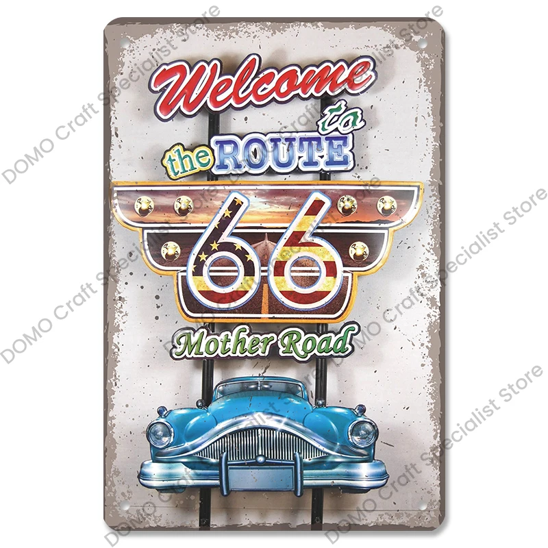 Targa Retr&ograve; Old Route 66 In Metallo - Decorazione Vintage Per Parete 20x30cm