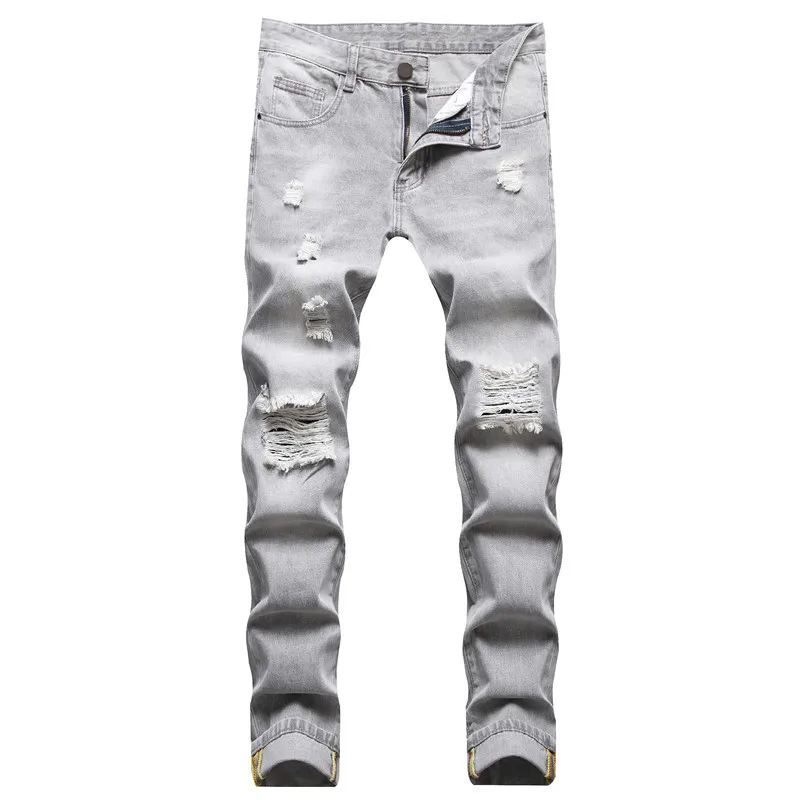 Ripped Jeans Ripped Patchwork Jeans Mens Jeans Large-size Straight Light Gray Denim Trousers Spring Autumn Full Length