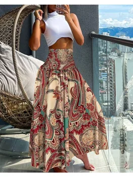 Women Fashion Floral Print Folds Bohemian Elastic High Waist  Skirt Ladies Knee-Length Long Skirts For Women 4