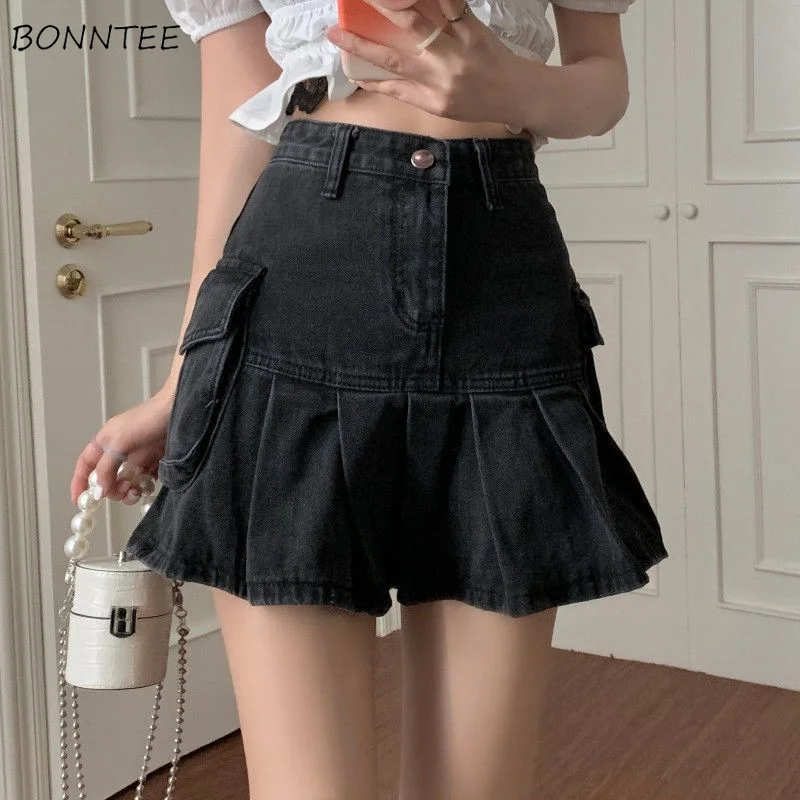 

Denim Skirts Women Folds Popular Creativity Basics Charming Korean Style Schoolgirls Leisure Fashion Spring All-match Simple Ins