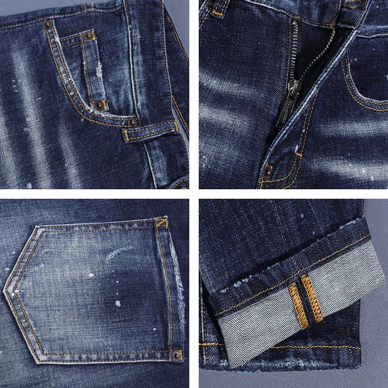 Street Fashion Men Jeans Retro Dark Blue Stretch Skinny Fit Vintage Ripped Jeans Men Patched Designer Hip Hop Brand Pants Hombre