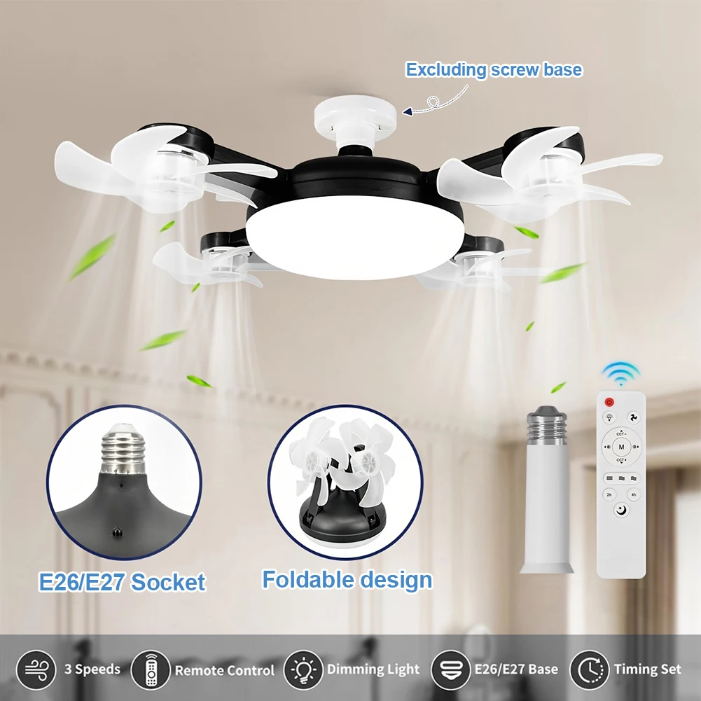 2 In 1 Hanging Fan with LED Lantern E27 E26 Electric Cordless Fan Silent Ceiling Drone Fan for Dining Room Bedroom Living Room