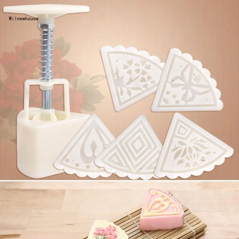

6Pcs Fan Flower Moon Cake Stamps Mould Mold Pastry Mooncake Hand DIY Tool Dropship