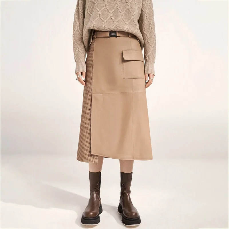 

Leather leather skirt autumn and winter new fashion sheepskin high waist belt mid length skirt with hip wrap skirt2023