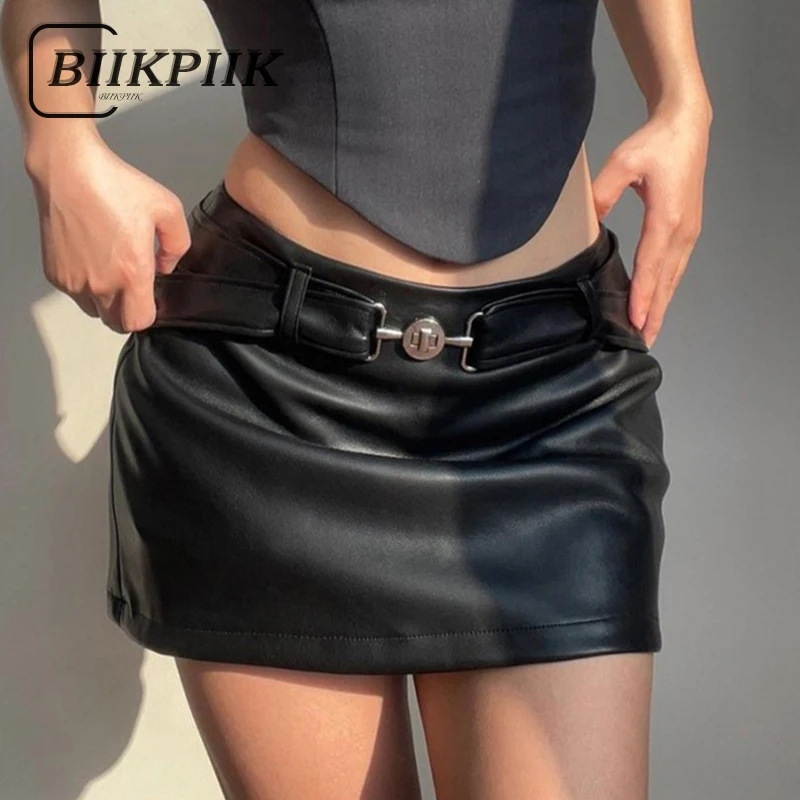 BIIKPIIK Casual Button Black Leather Skirt for Women Vintage Low Waist PU Mini Skirts Basic Concise Bottom Clothing Sexy Trendy