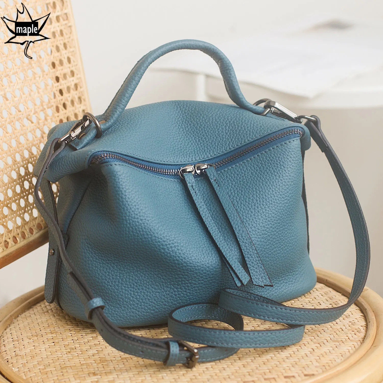 

Simple Full Grain Lichi Pattern Cowhide Leather Boston Tote Peacock Blue Luxury High Quality Female Shoulder Crossbody Bag