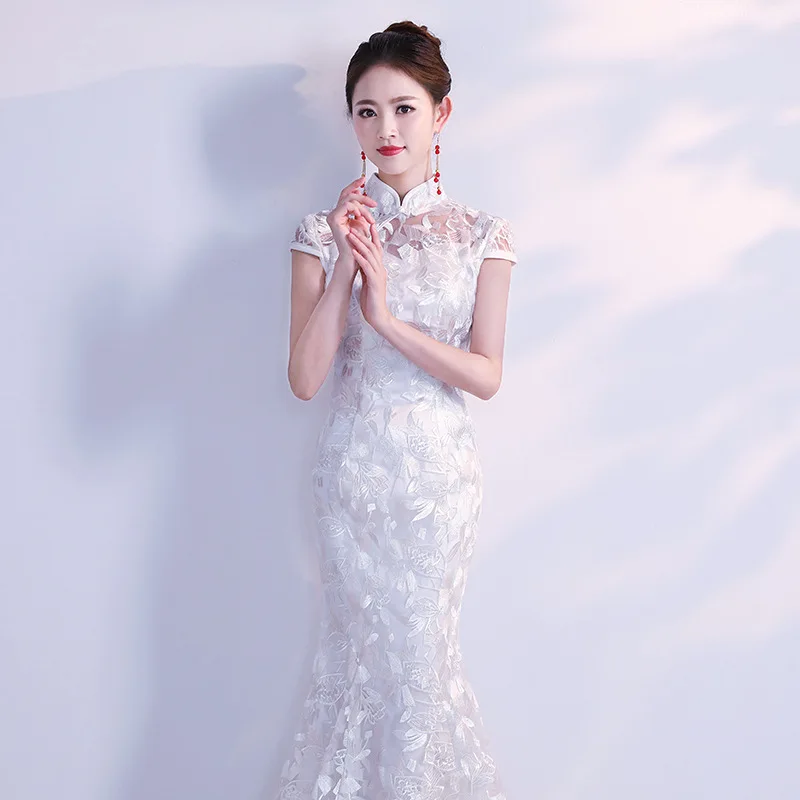 화이트 여성 우아한 만다린 칼라 신부 웨딩 드레스, 섹시 슬림 레이스, 참신한 치파오, 절묘한 인어 트림, 롱 치파오