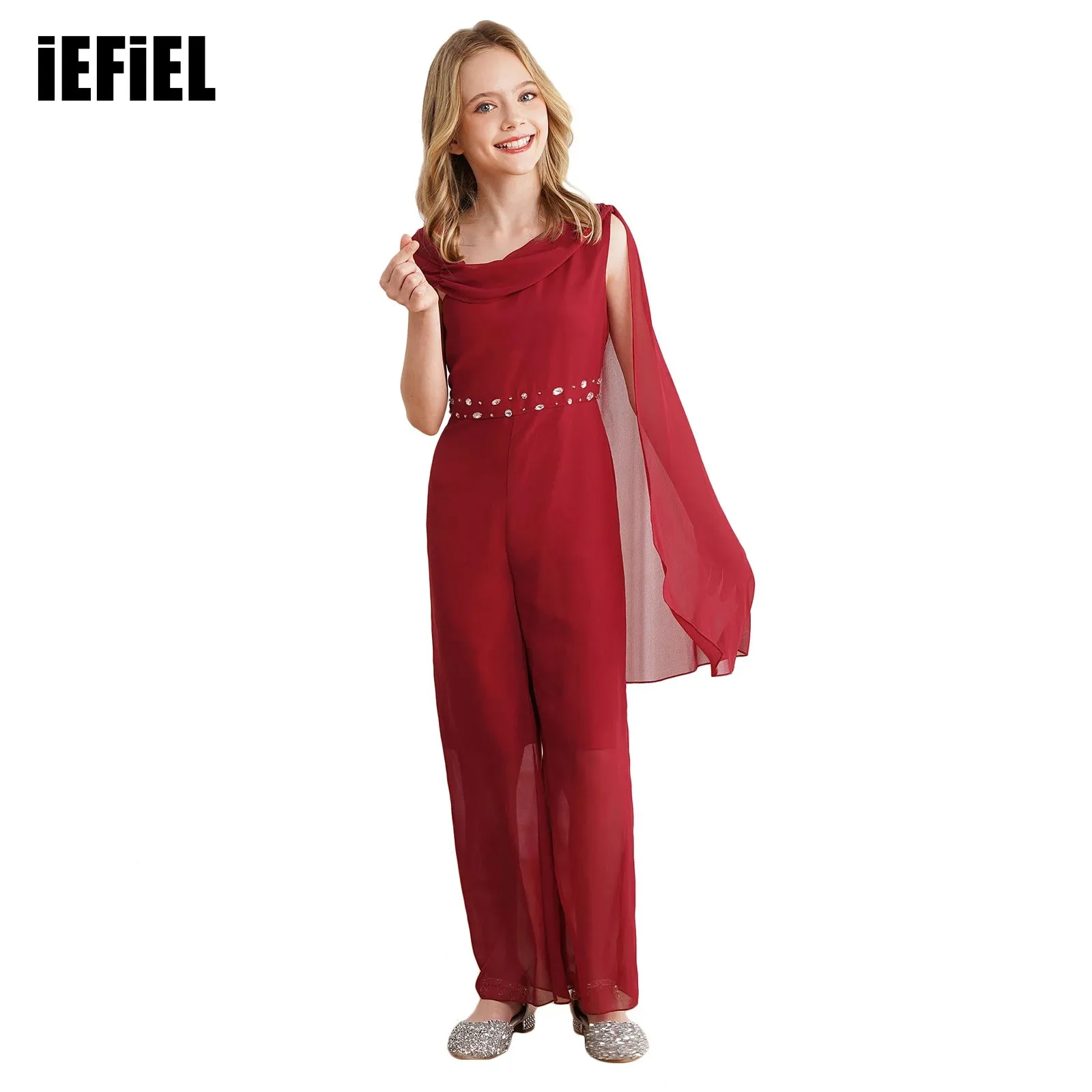 

Kids Girls Rhinestone Decorated Waistline Party Jumpsuit Sleeveless One Shoulder Wide Leg Pants Jumpsuit for Cocktail Evenings