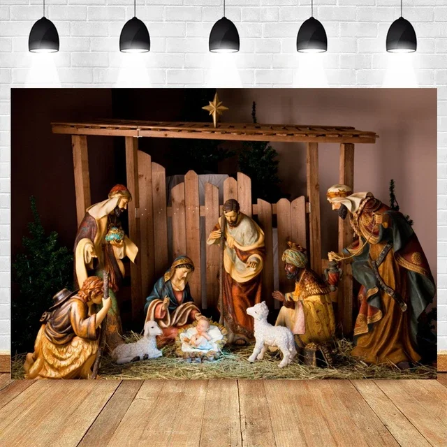 thumbnail image 1 of Fondo de escena de la natividad de Navidad con el nacimiento de Jesús, la Santa Cruz y la Biblia, perfecto para estudio fotográfico, decoración de pared, 1 of 5