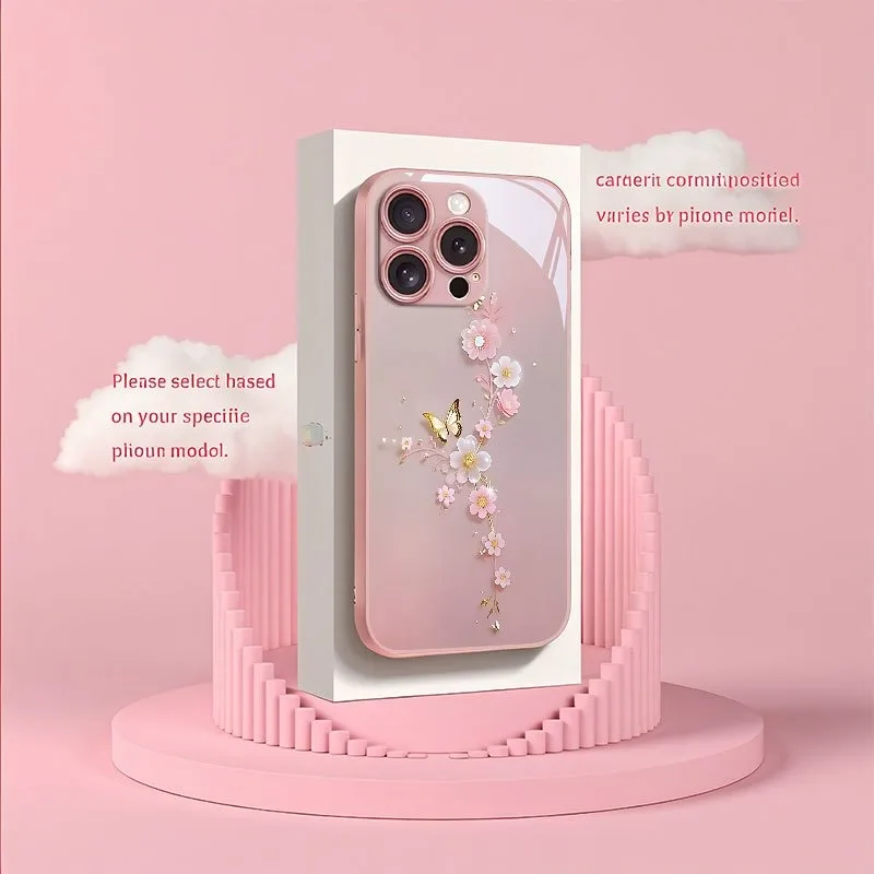 Luxury Butterfly Flower Metallic Tempered Glass Phone Case Cover