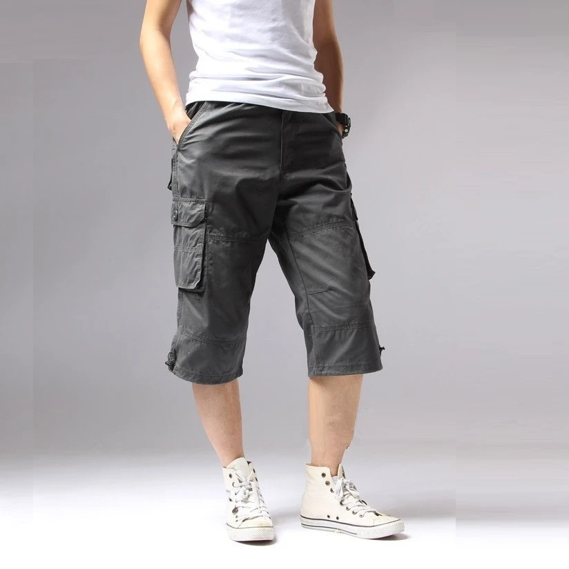

Long Length Cargo Shorts Men Knee Pocket Casual Cotton Elastic Waist Bermudas Male Military Style Summer 2023 Capri Breeche Army