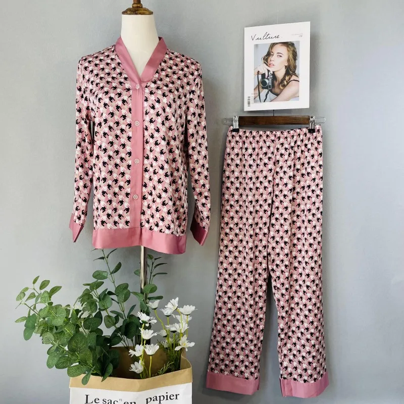 

Printing Women Pajamas Sleepwear V Neck Sleep Suit Home Wear Nightwear Ice Silk Home Cloyhing Shirt Pant Long Sleeve Pyjamas