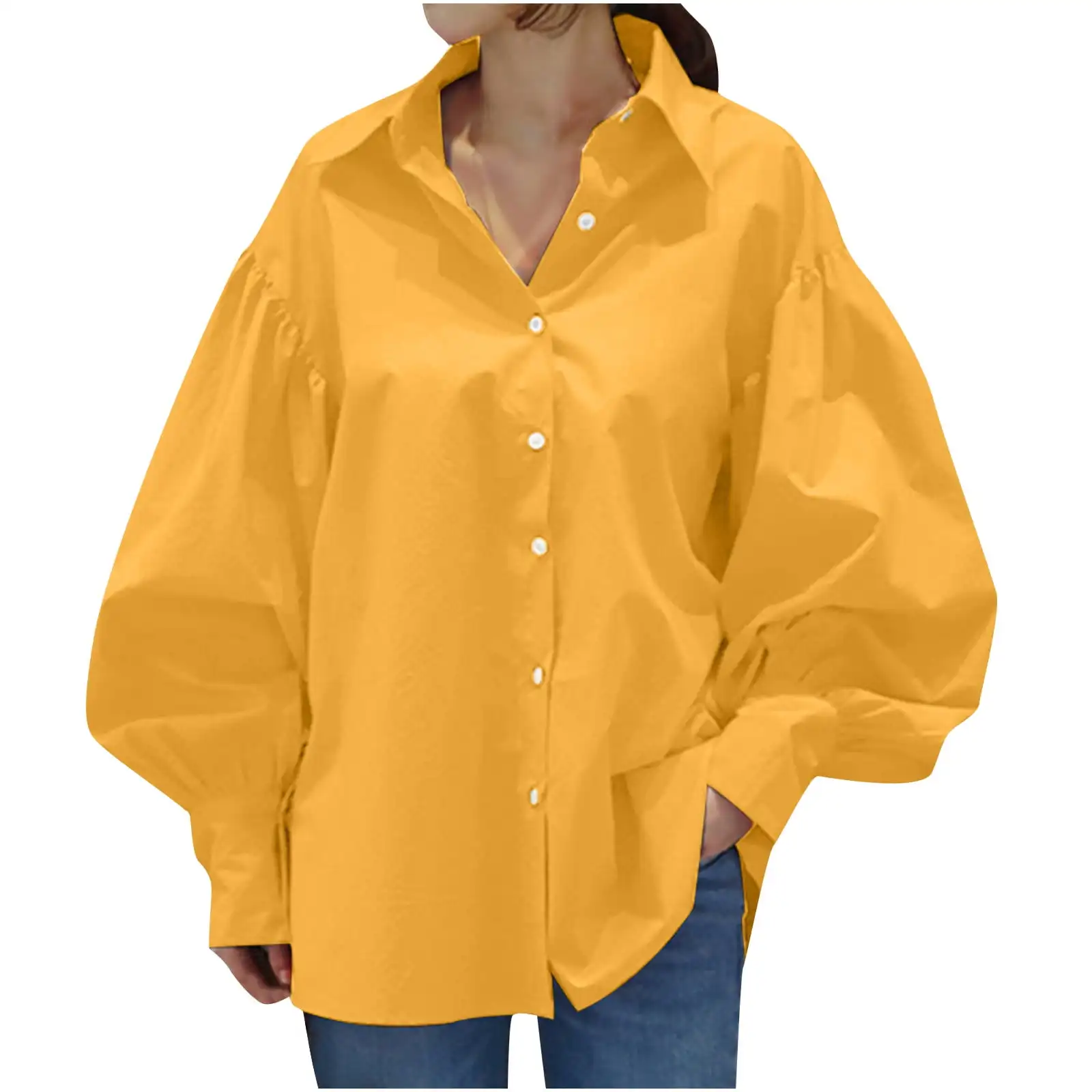 Oversized Button Down Shirts for Women Collared Lantern Long Sleeve Solid Color Baggy Casual Formal Work Blouse Tee [fila]women v collared shirt