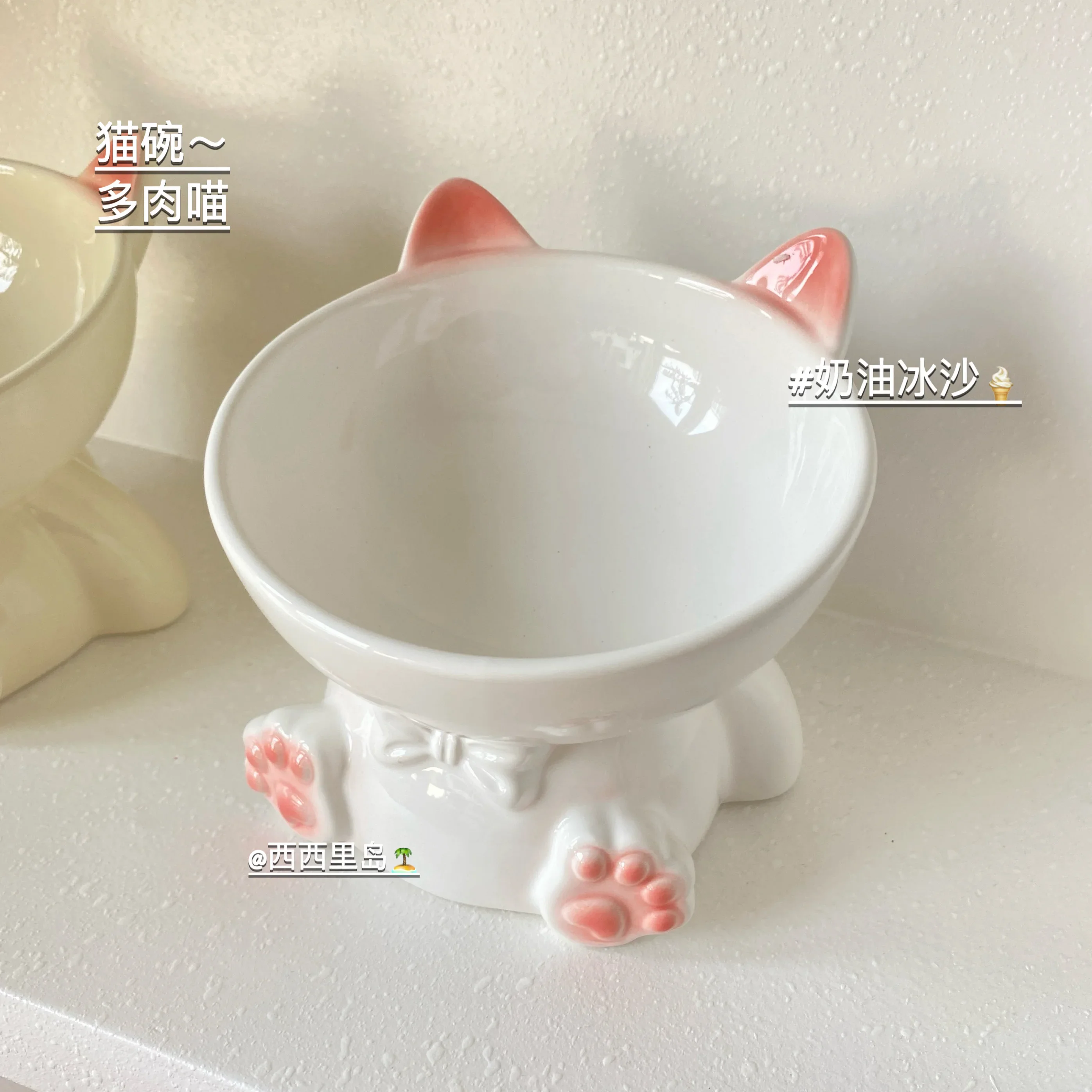 Cat bowl ceramic oblique mouth, large capacity, not easy to overturn, high foot neck protector, high water bowl cat food basin