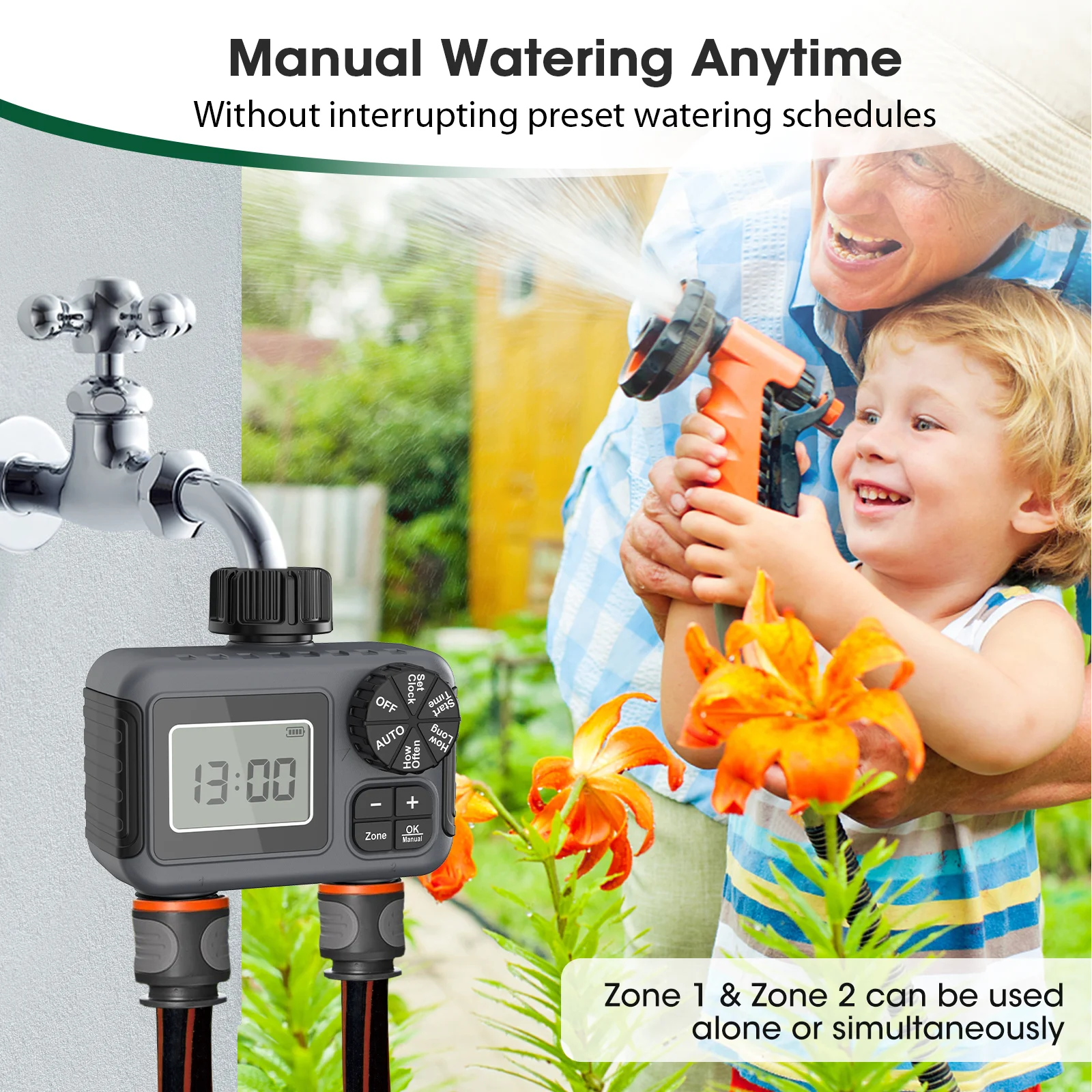 Insoma Water Timer With Brass Inlet & Outlet, Outdoor Hose Timer For Garden Faucet With Rain Delay/Manual/Auto Mode, 2 Independent Zones Sprinkler Irrigation Controller For Yard Lawn