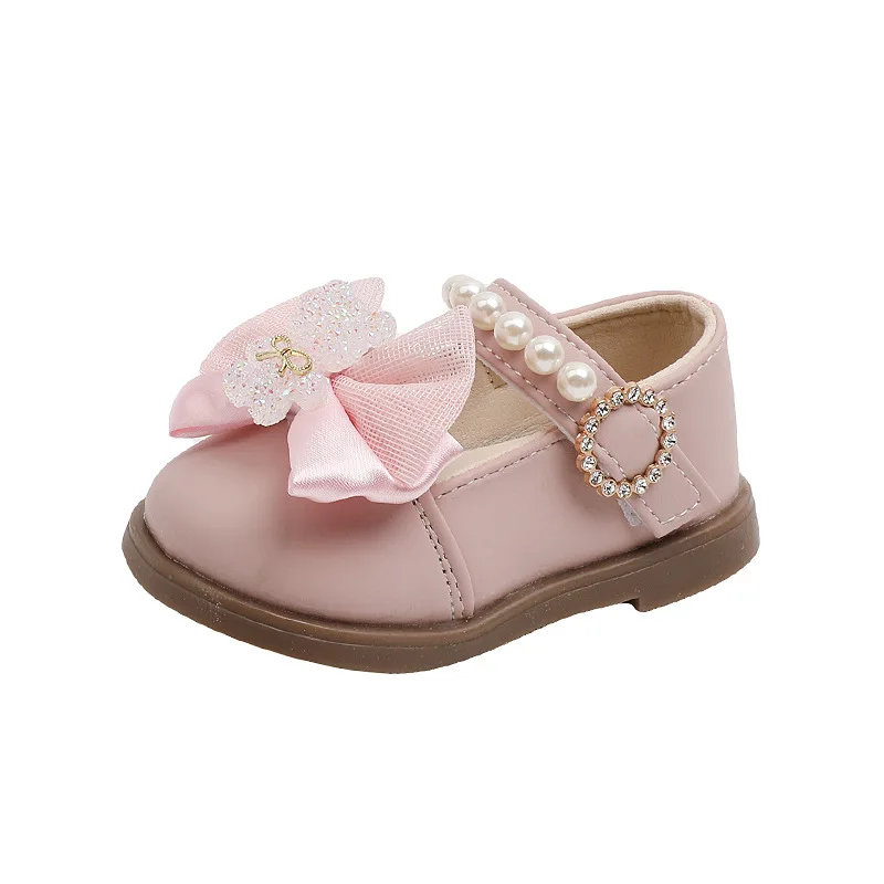 Baby Girl Leather Shoes Kids Bow Pearl Princess Shoes Shallow Soft Sole Cute First Walkers Infant Toddler Cartoon Single baby shoes,soft sole shoes