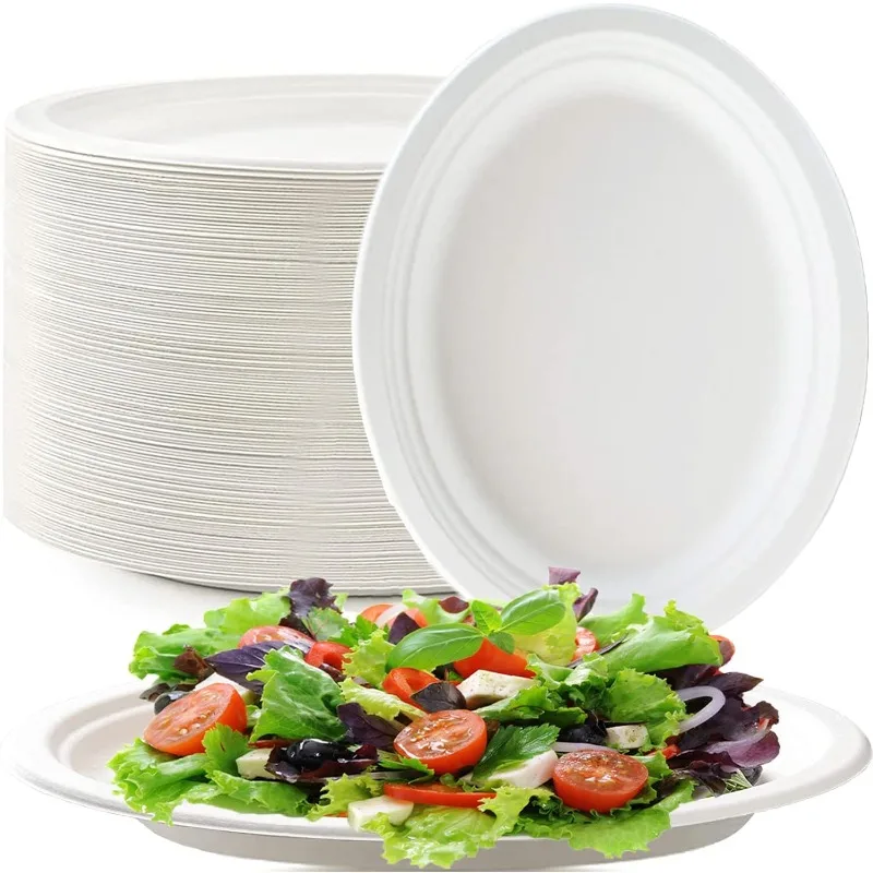 100 PCS Compostable Oval Paper Plates, 12.5 Inch White Bagasse Plates, Heavy Duty Disposable Dinner Platters for Restauran