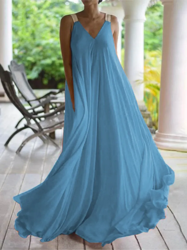sachin and babi light blue dress R.Vivimos Women's Summer Cotton Maxi Dress Adjustable Spaghetti Strap Boho  Casual Backless Ruffle Loose Fit main image 0