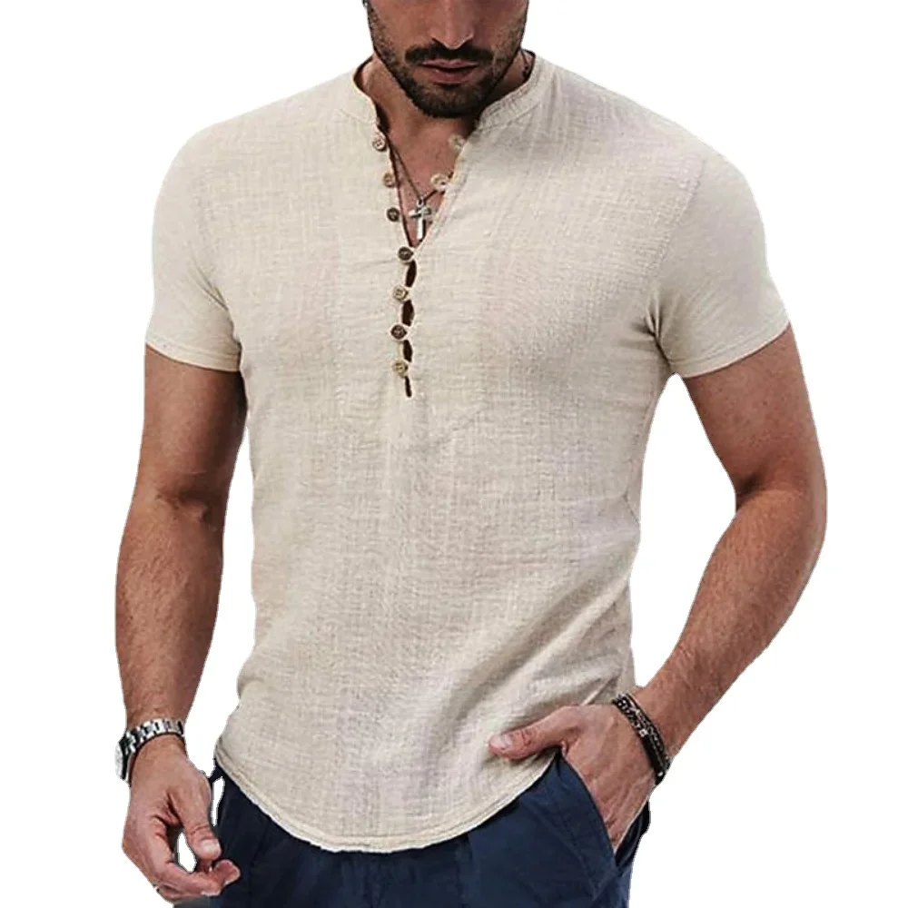 2024 New Men's Short Sleeve Tshirt V Neck Button Cotton Linen Shirt Men's Casual Clothes Popular Tops for Men