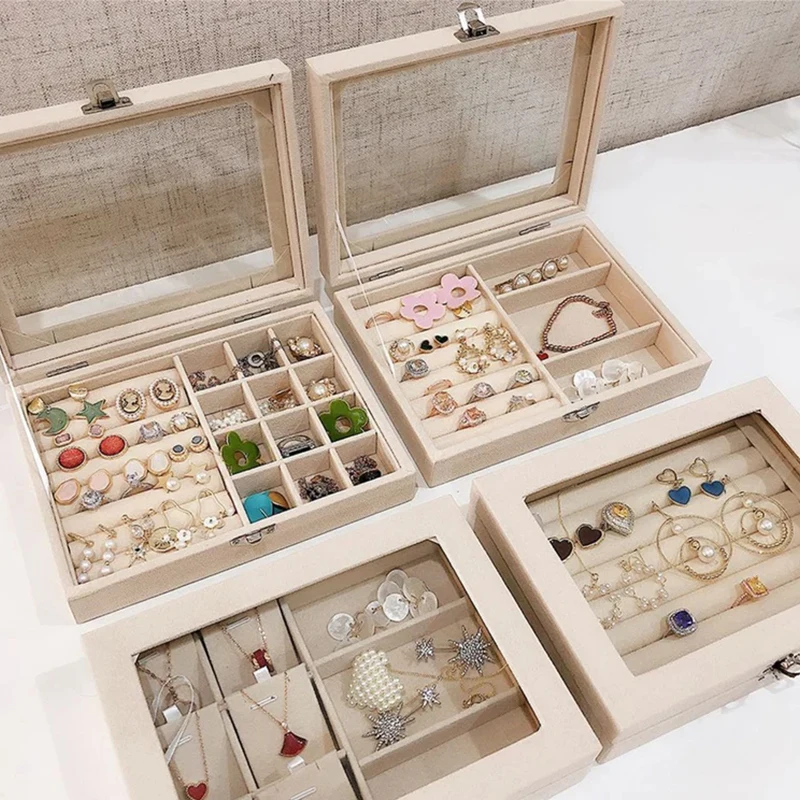 

Portable Velvet Jewelry Ring Jewelry Display Organizer Box Tray Holder Earring Jewelry Storage Case Showcase with Glass Cover