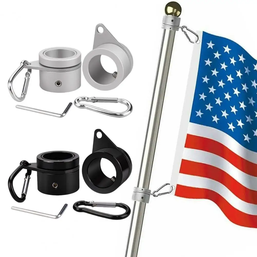 Tangle-free Flag Pole Ring Heavy Duty Alloy Flag Pole Mounting Ring Clip Set with 360 Degrees Rotating Carabiner Wrench for Easy