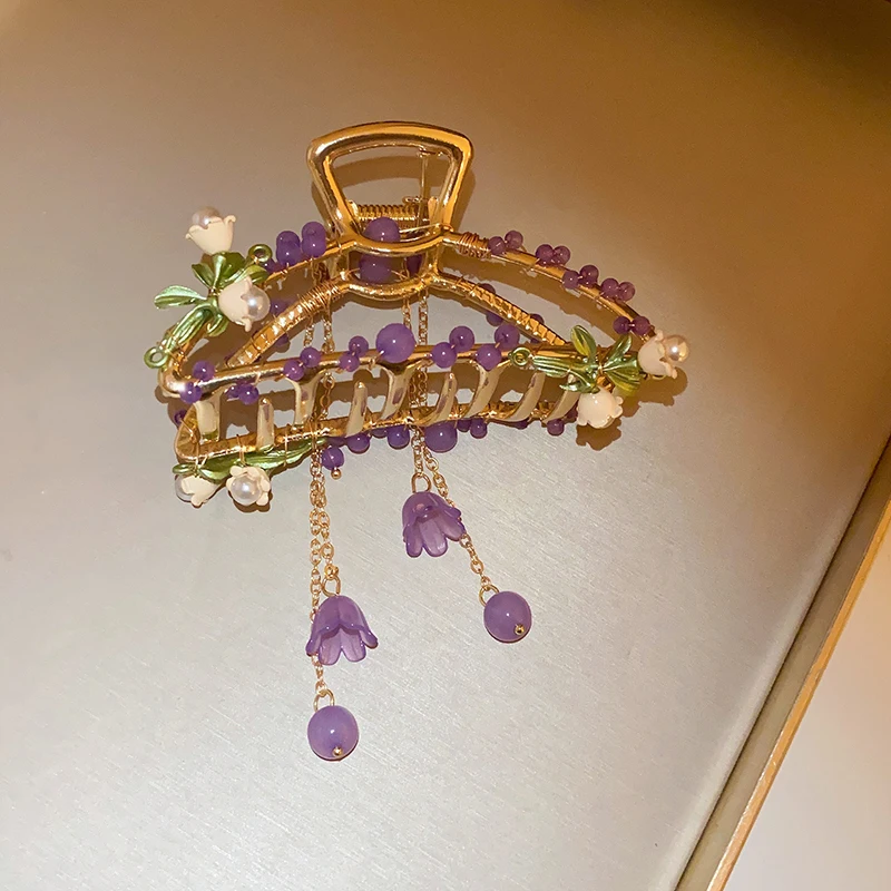 Imitation Perle Blume Haar Krallen für Frauen bunte runde Perlen Glocke geometrische Hai Kralle Clip Haars pangen Haarschmuck – Detail 11