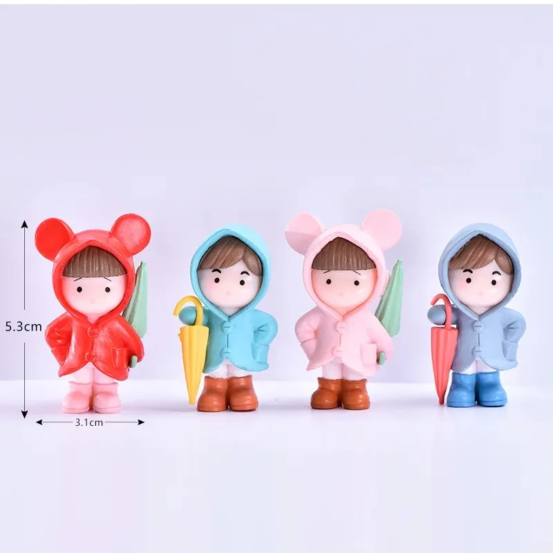 4pc Regenschirm Regenmantel Mädchen Junge Figur Dekor Pvc Handwerk Figur Dekoration Miniatur Fee Garten Ornament Anhänger DIY Zubehör