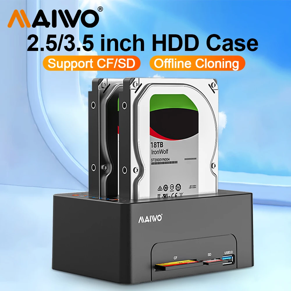 

MAIWO Dual-slot Hard Drive Expansion Dock with Offline Cloning, Suitable for 2.5/3.5-inch SATA HDD, Supports Reading CF&SD Cards