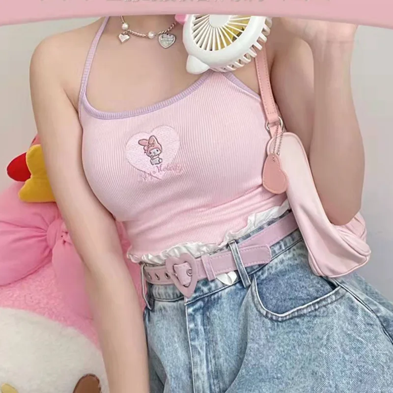 

Sanrio Hello Kitty Kuromi Cute Girl New Suspenders Cinnamoroll Sweet Students The Short Section of The Chest Vest Bottoming Tops