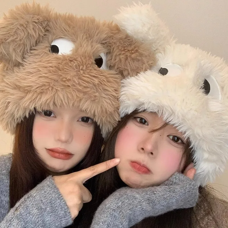 

Winter Thickened Cute Cartoon Big Eyes Fluffy Fur Hat Women Warm Bucket Caps Outdoor Female Rabbit Hair Windproof Panama Lady