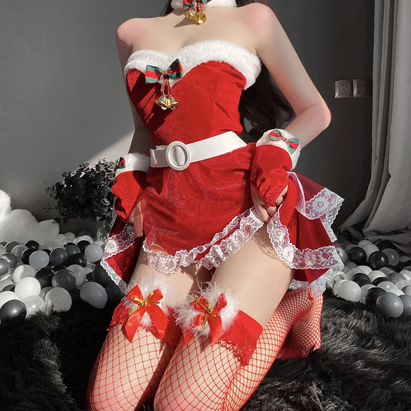 

Women Christmas Xmas Sexy Santa Claus Cosplay Costume Sexy Lingerie Winter Red Strapless Mini Dress with Necktie Hat Sleeve