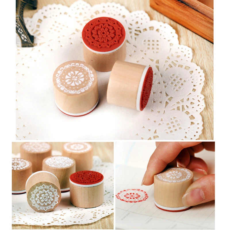 6pcs Wood Rubber Stamps Lace Round Wooden Stamp DIY Craft Scrapbooking Stamping Birthday Party Wedding Christmas Decoration