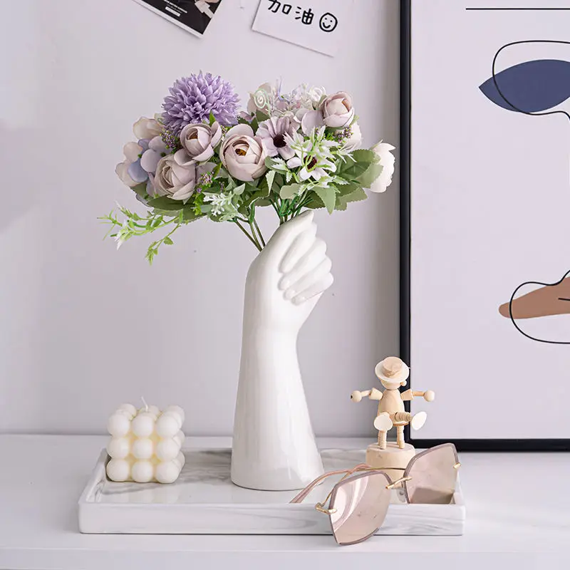 Modern Art Vases White Ceramic Hand Vase For Hydroponic Flower Arrangement Desktop Decoration
