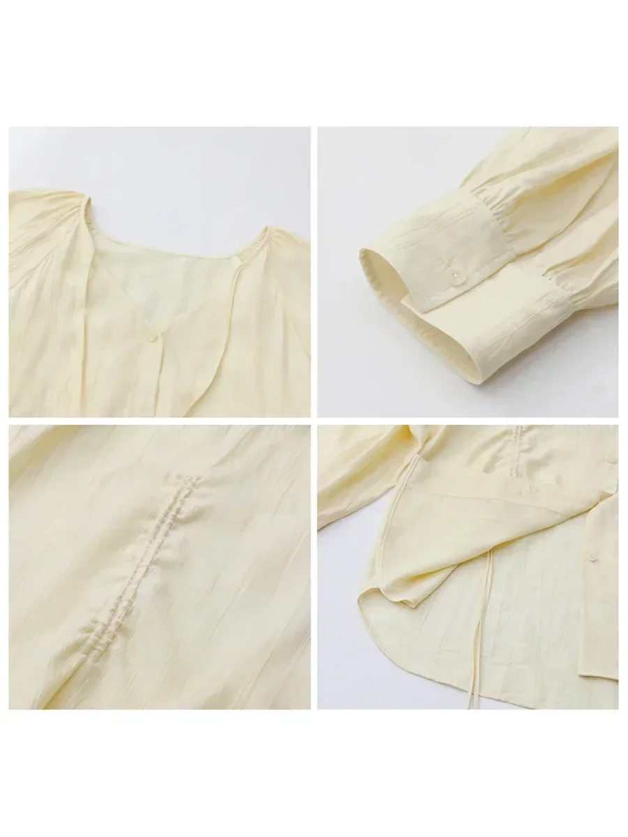 CHIC VEN 여성용 루즈한 레이스업 셔츠, 브이넥 플리츠 라글란 긴팔 블라우스, 여성용 상의, 용수철 여름, 단색, 한국 신상, 2025