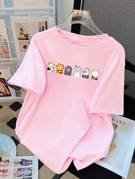 Summer T-Shirts Cotton Womens Different Color Cat Paw Combinations Prints Short Sleeve Tees Soft Loose O-Neck Tops Basic Clothes 1