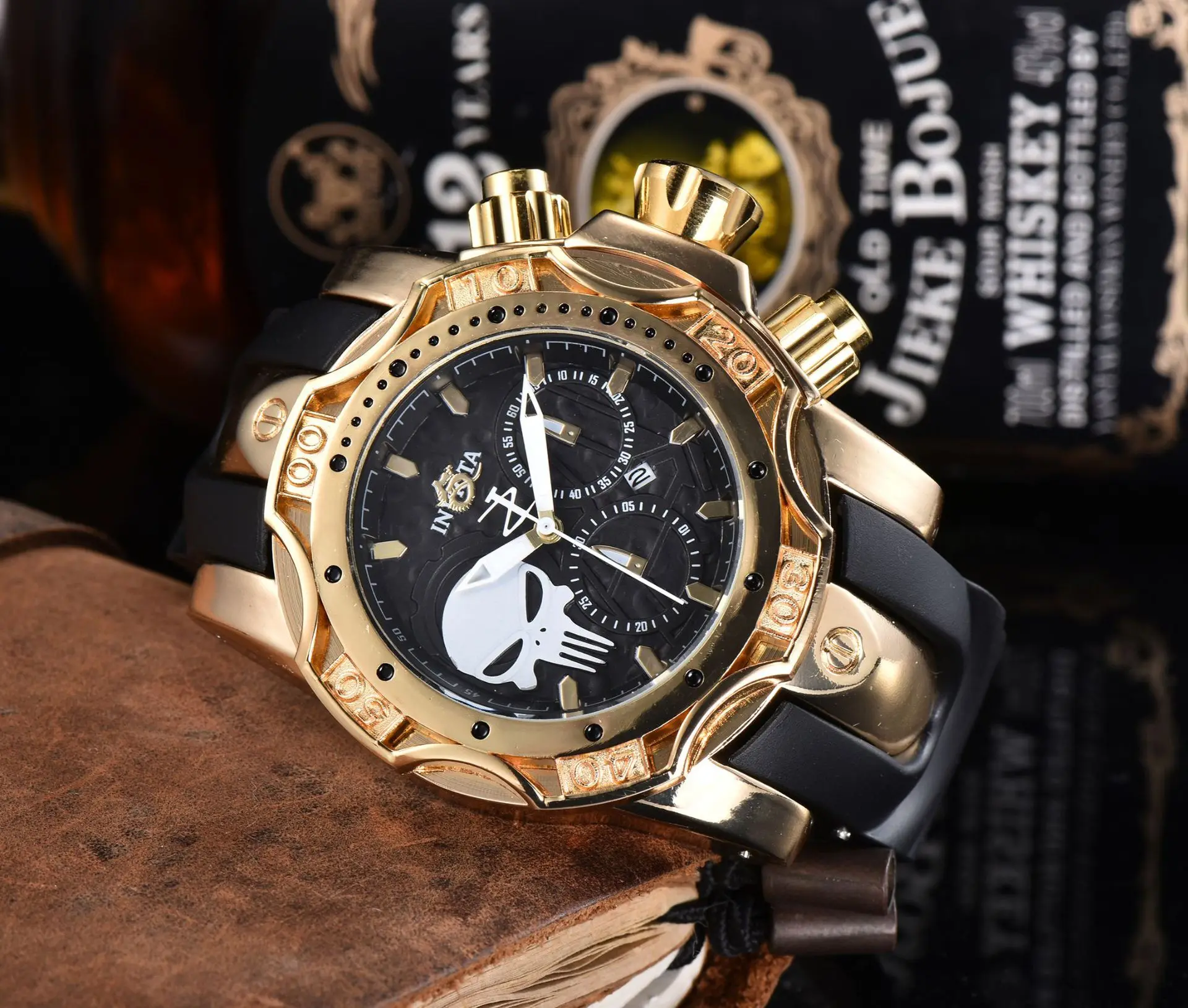 Men's large dial waterproof 3-eye steel ring and PU strap OGDA sports watch men's gift watch chain series