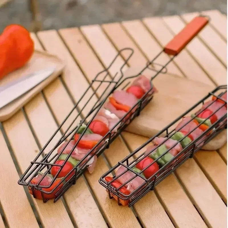 1PC Outdoor Wooden Handle Barbecue Cage Camping Meat and Vegetable Barbecue Net Rack Picnic Barbecue Tools Camping Kitchen