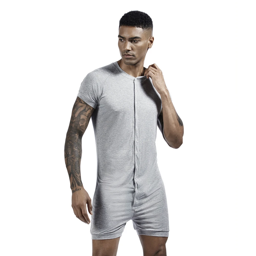 SEOBEAN Men's Button Short Sleeve jumpsuit-Comfortable Solid Color Loose High Elastic Home Clothes Sleepwear
