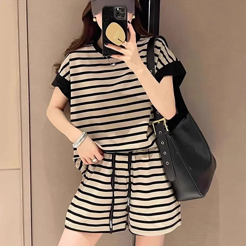 Casual Style Striped Short Sleeve Two-Piece Set | S-XL