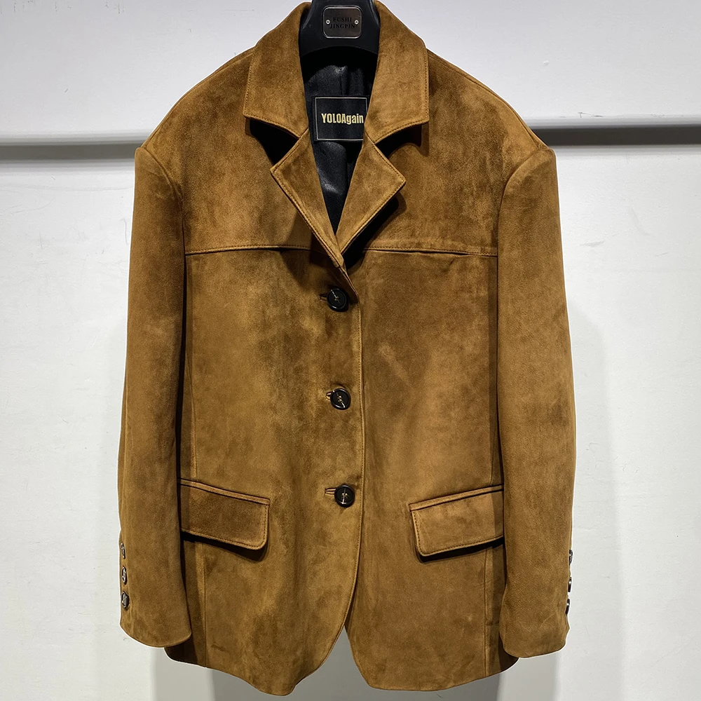 YOLOAgain Women's Oversized Suede Leather Blazer Single Breasted Real Leather Jacket Female 2025 Spring