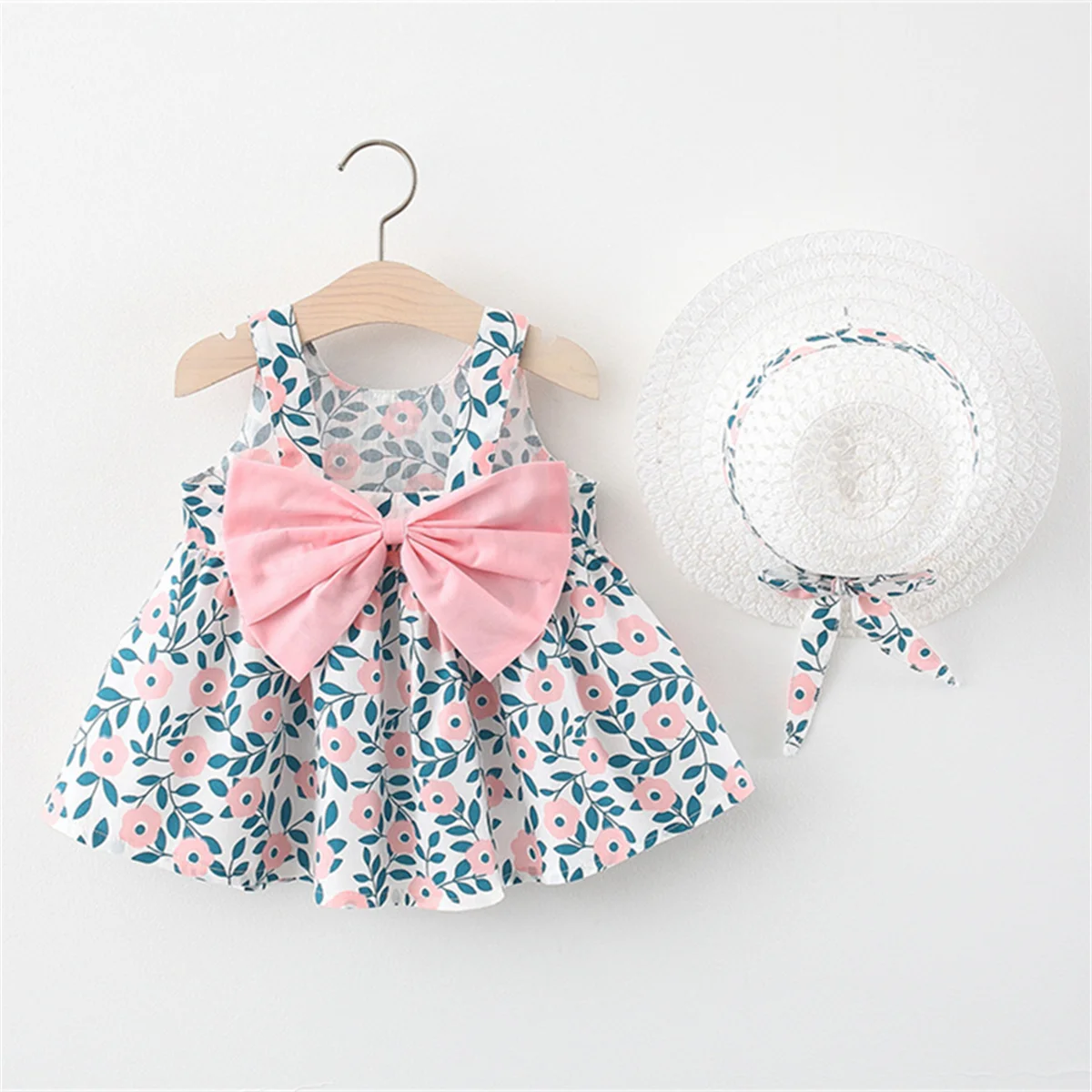 Girls dress baby girl dress 2-Piece Baby Suspender Dress + Sun Hat Girl'S Leaf Print Bow Sleeveless Cotton Beach Skirt Children'S Aesthetic Daily
