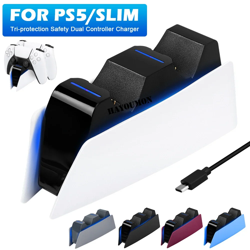 PS5 컨트롤러 충전 거치대 듀얼 고속 충전 스테이션 (5가지 색상) PS5 Type-C & PS5 Edge 게임 컨트롤러용 LED 표시등 포함