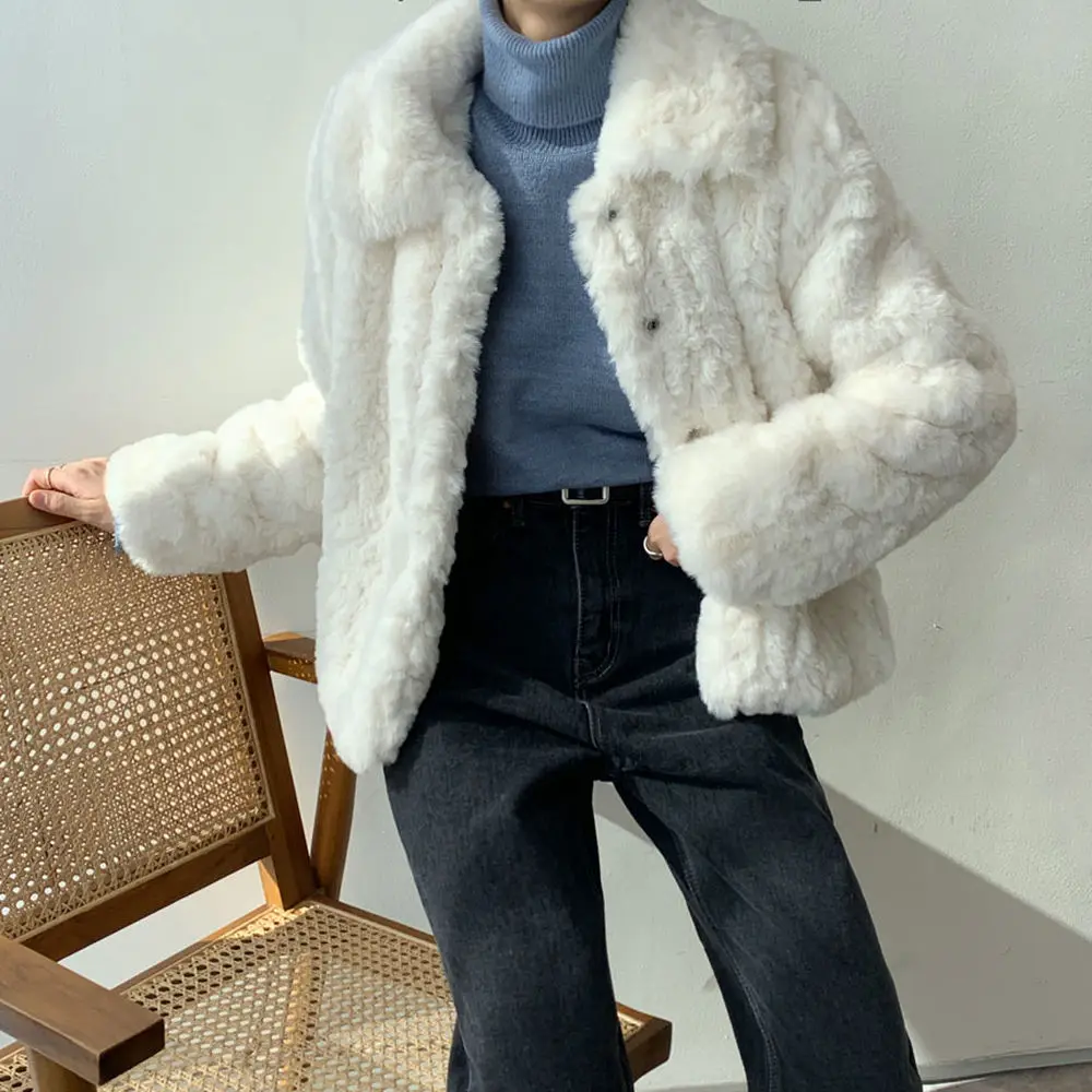 Berber Fleece Faux Fur Coat for Girls Long Sleeves Single Breast Side Pockets Turn Down Collar Winter Warm Coat