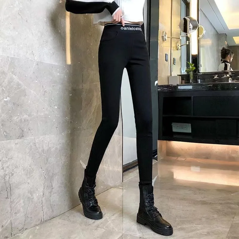 Black Spring New Tight Pants Women Elastic Force Large Size Letter High Waist Printing Slim Comfortable All-match Trousers