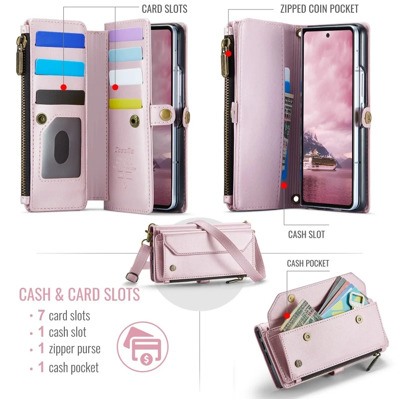 Lanyard Leather Zipper Wallet Card Phone Case with Crossbody Flip Stand Cover