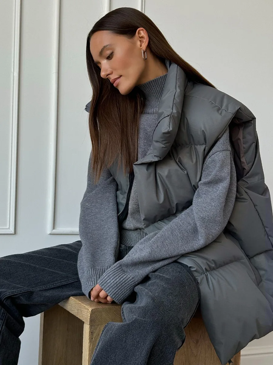 Casual Loose Sleeveless Jackets Parkas Female Winter New Streetwear Outwear For Women Lapel Tank Top Patchwork Coat