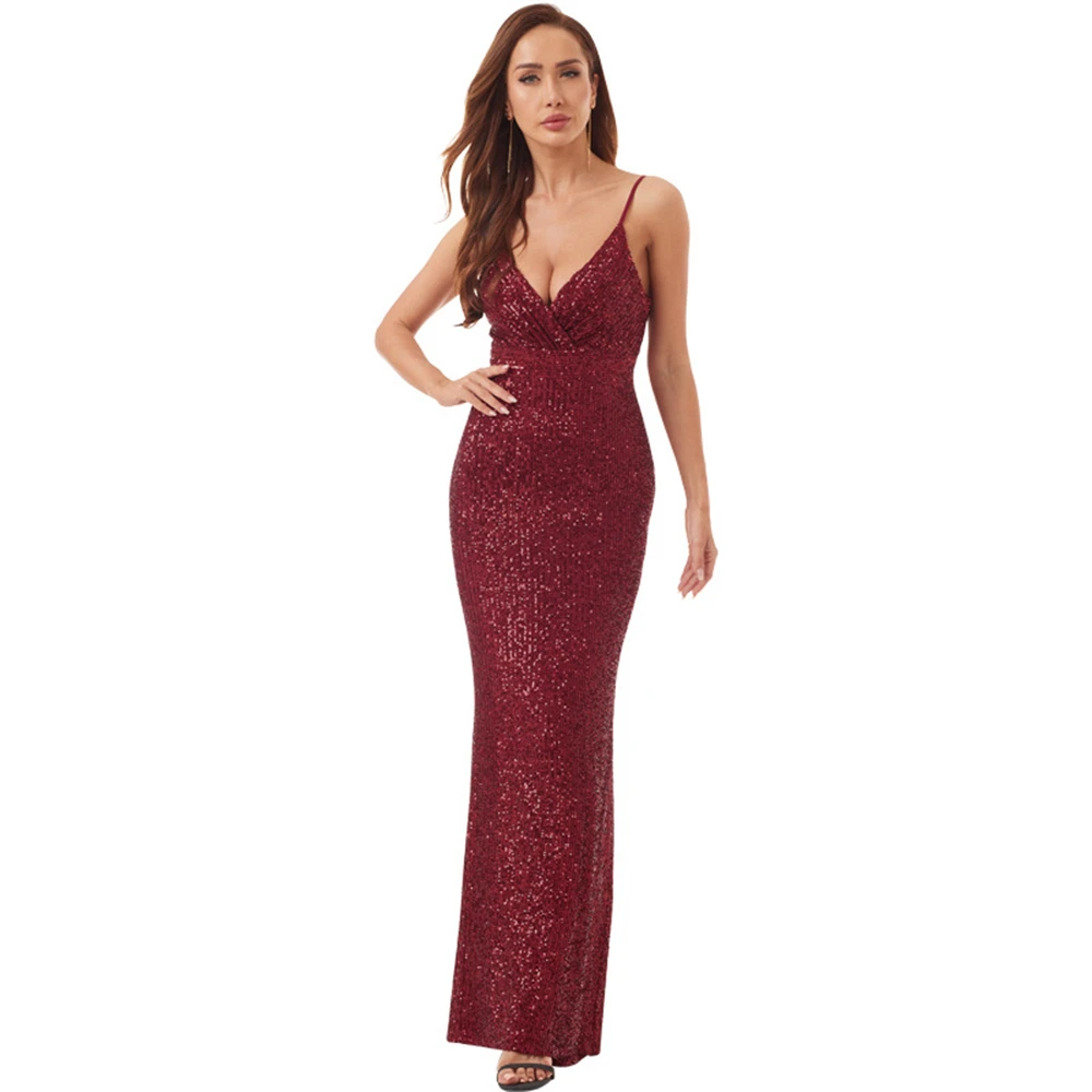 

Spaghetti Strap Sequin Sparkly Evening Dresses V-neck Halter Elegant Wedding Guest Gown For Women