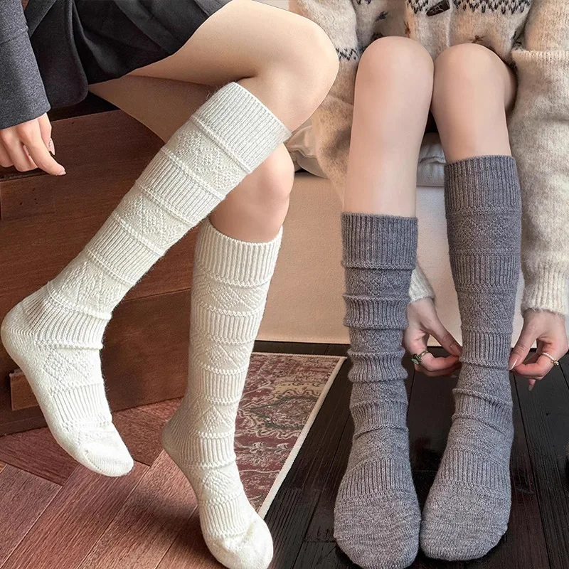 Fashion Cozy Diamond Hollow Knitted Socks for Women Soft Warm Home Long Tube Socks Autumn Winter Stockings Boots Socks