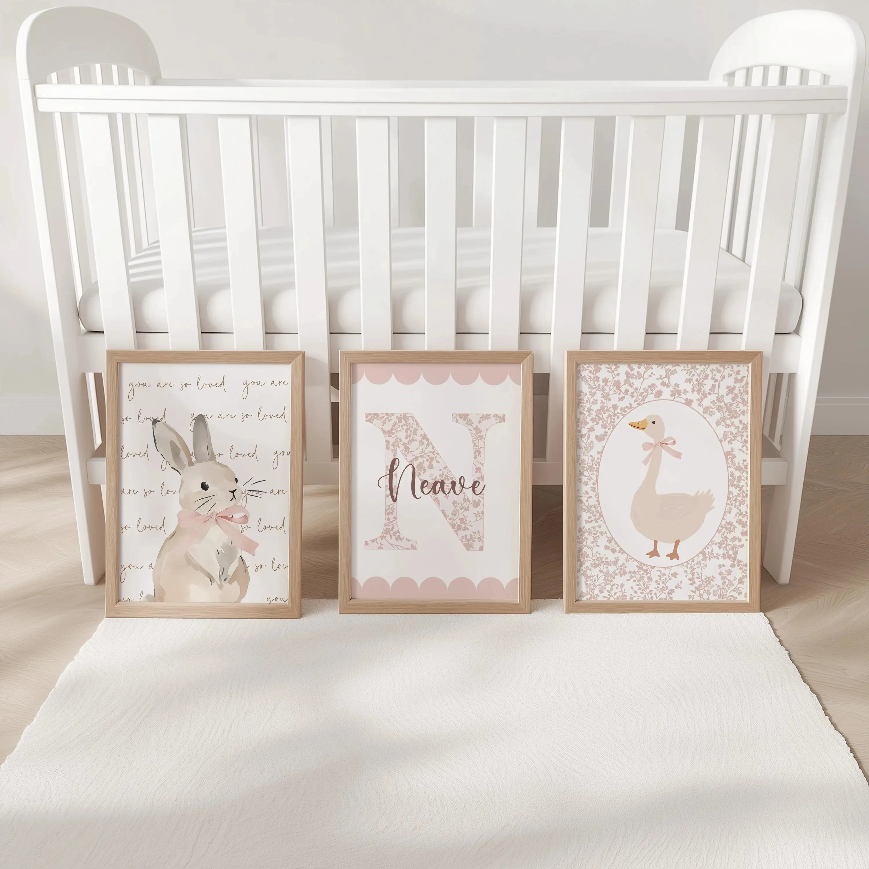 3pcs/set Custom Cartoon Rabbit Goose Name Canvas Print Easter Pink Flower Nursery Wall Art Poster for Baby Girl Room Home Decor 3