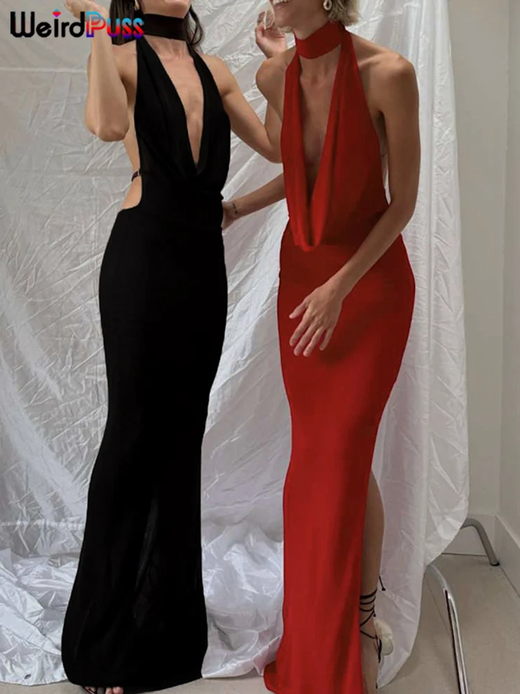 Weird Puss Hollow Halter Dress Women Low-Neck Backless Sexy Sleeveless Slits Robe Trend Midnight Banquet Coquettish Long Bodycon 3